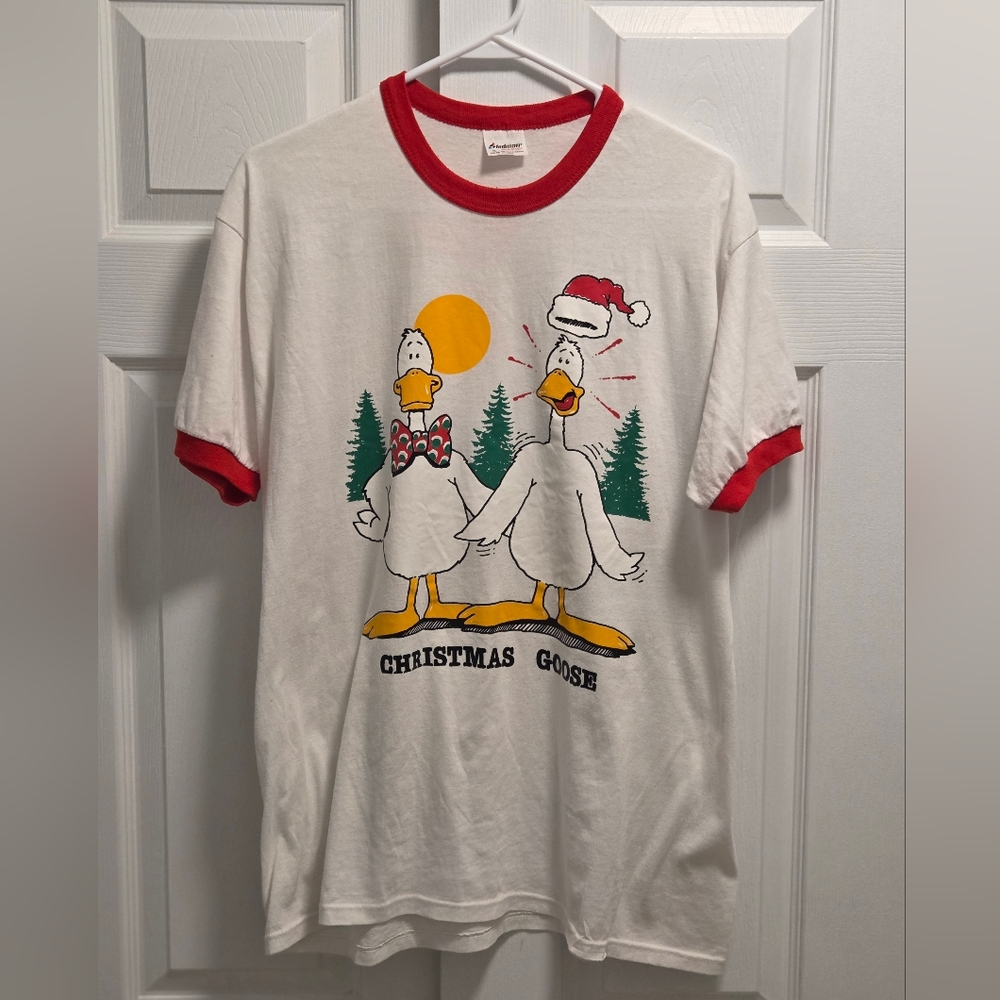 Vintage 1980s Christmas Goose Graphic Ringer T-Shirt Size XL Made In USA Unisex